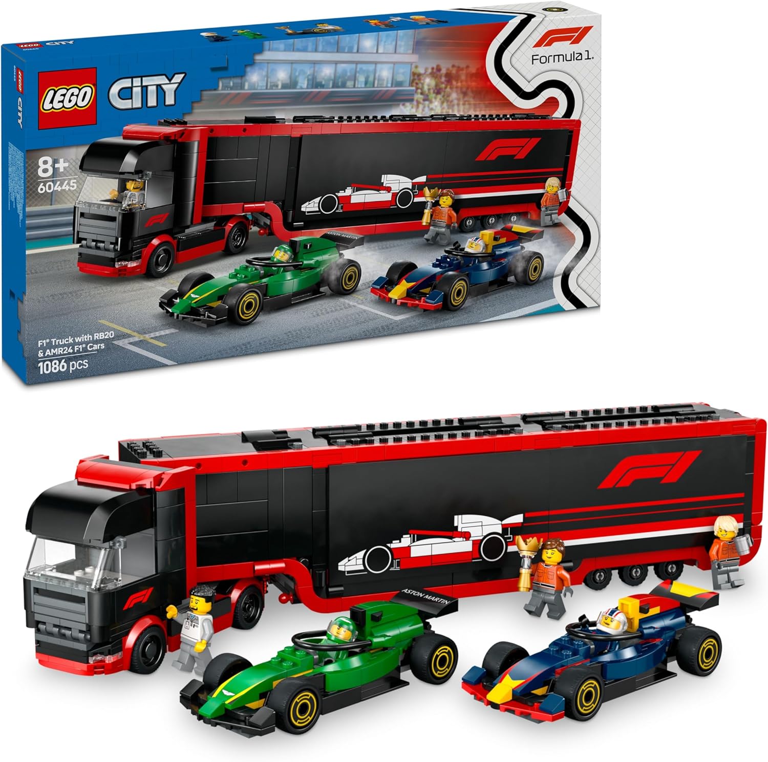 LEGO 60445 AUTOTRASPORTATORE F1 CON MONOPOSTO RB20 E AMR24 F1 CITY