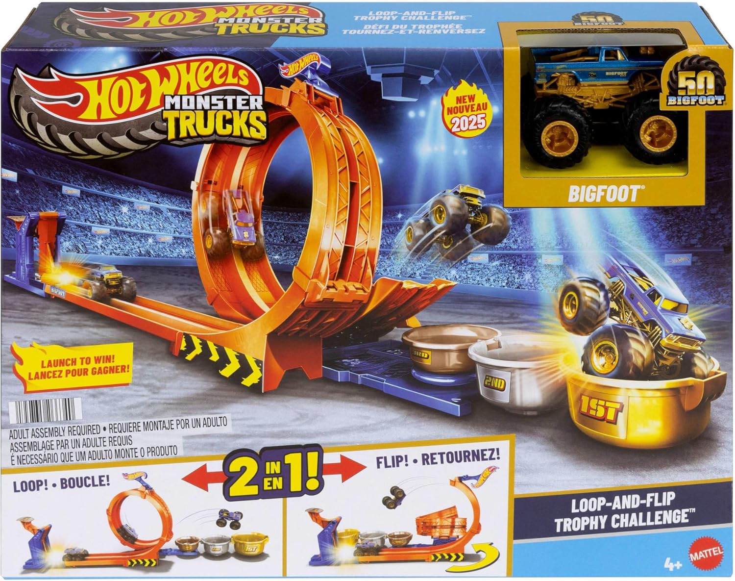 MATTEL JBX64 HOT WHEELS MONSTER TRUCKS SFIDA TROFEO GIRA E CAPOVOLGI PLAYSET